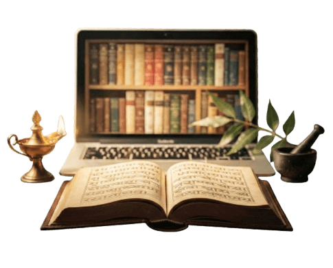 Archiv ájurvédských žurnálů - otevřená kniha s ájurvédskou moudrostí